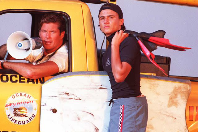 <p>James Aylott/Getty</p> David Hasselhoff and Jeremy Jackson on 'Baywatch'