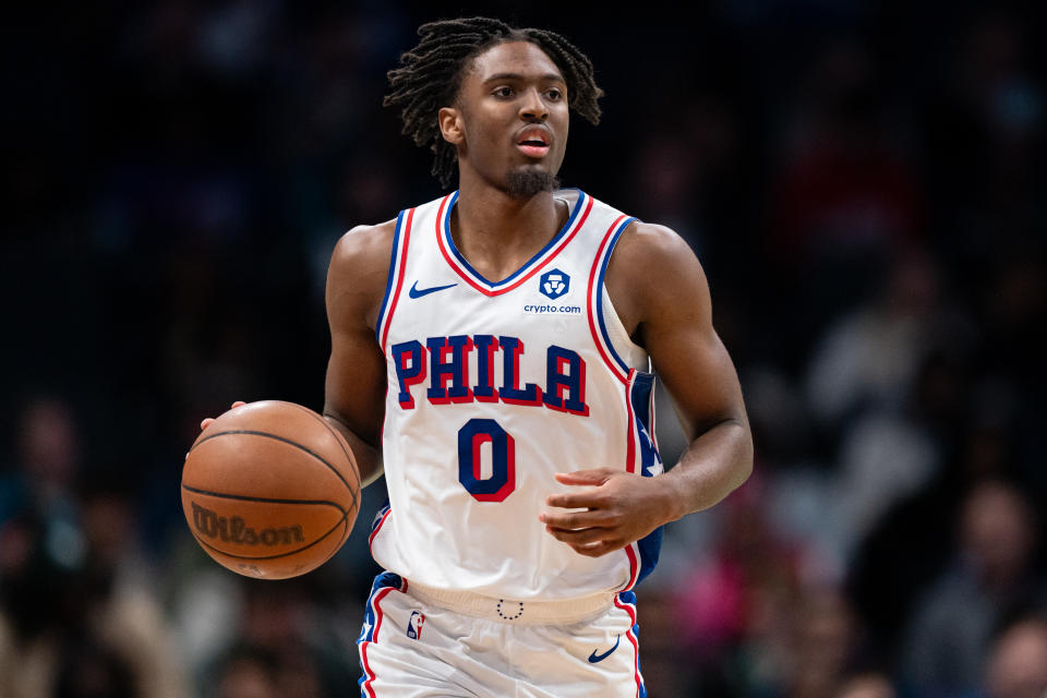 CHARLOTTE, NORTH CAROLINA - DECEMBER 16: Tyrese Maxey #0 of the Philadelphia 76ers brings the ball up court against the Charlotte Hornets during their game at Spectrum Center on December 16, 2023 in Charlotte, North Carolina. NOTE TO USER: User expressly acknowledges and agrees that, by downloading and or using this photograph, User is consenting to the terms and conditions of the Getty Images License Agreement. (Photo by Jacob Kupferman/Getty Images)