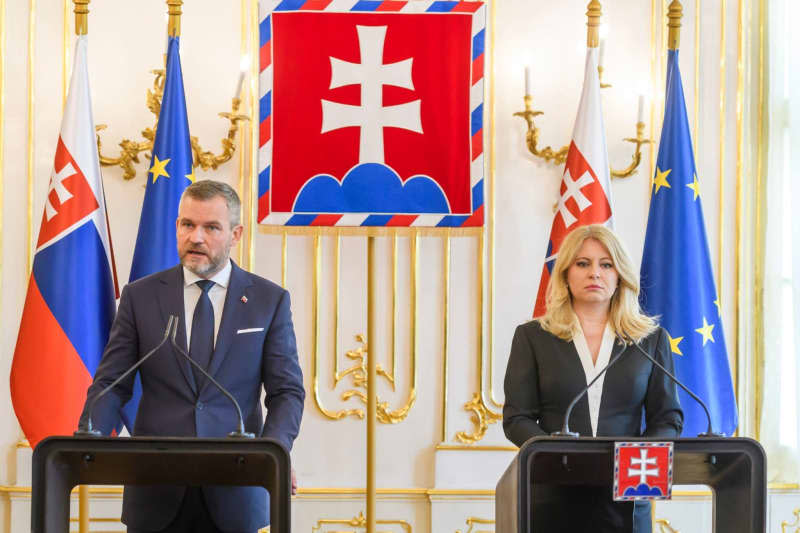 The newly elected president of the Slovak Republic Peter Pellegrini (L) and the president of the Slovak Republic Zuzana Caputova speak during a press conference on the Shot attack of Slovak Prime Minister Robert Fico in Bratislava. Fico was shot after a government meeting in Handlova on Wednesday. Jaroslav Novák/TASR/dpa