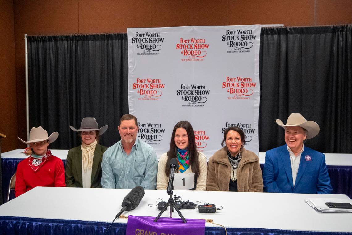 Sadie Wampler with her family and buyer at a press conference after auctioning her 2023 Grand Champion steer during the Fort Worth Stock Show & Rodeo’s Junior Sale of Champions on Saturday, Feb. 4, 2023. Wampler’s steer was sold for $440,000, beating last year’s record by $130,000.