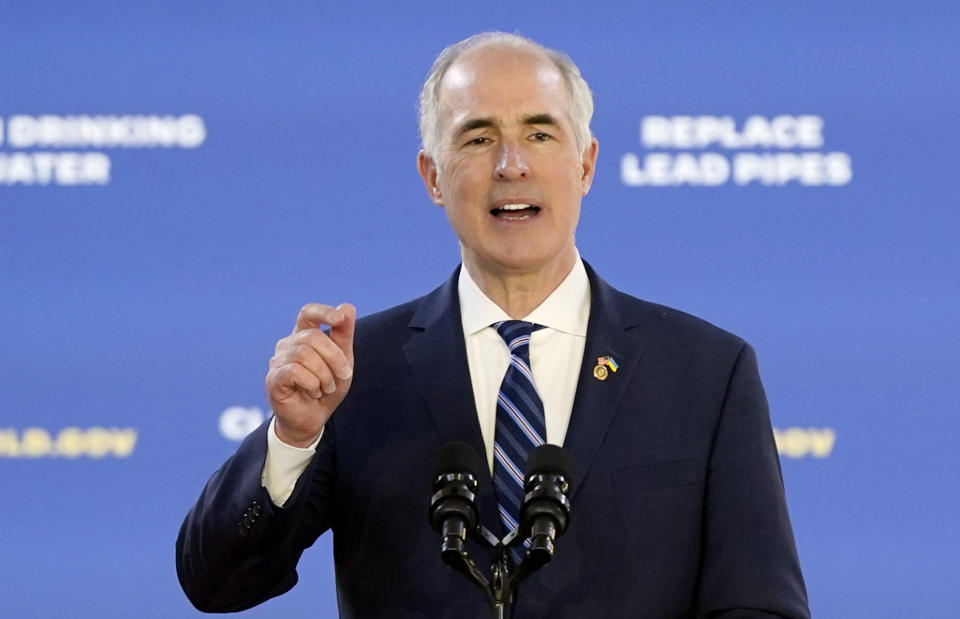 FILE - U.S. Sen. Bob Casey, D-Pa., speaks, Feb. 3, 2023, at Belmont Water Treatment Center in Philadelphia. A Republican running for the U.S. Senate in Pennsylvania is escalating criticism of Democrats over the Israel-Hamas war and has traveled to the Israel-Gaza border to make the case that the Biden administration hasn't backed Israel strongly enough since the Oct. 7 attack by Hamas. The criticism by GOP candidate David McCormick reflects the delicate political challenge facing both President Joe Biden and incumbent Sen. Casey in a state Democrats can't afford to lose in 2024. (AP Photo/Patrick Semansky, File)