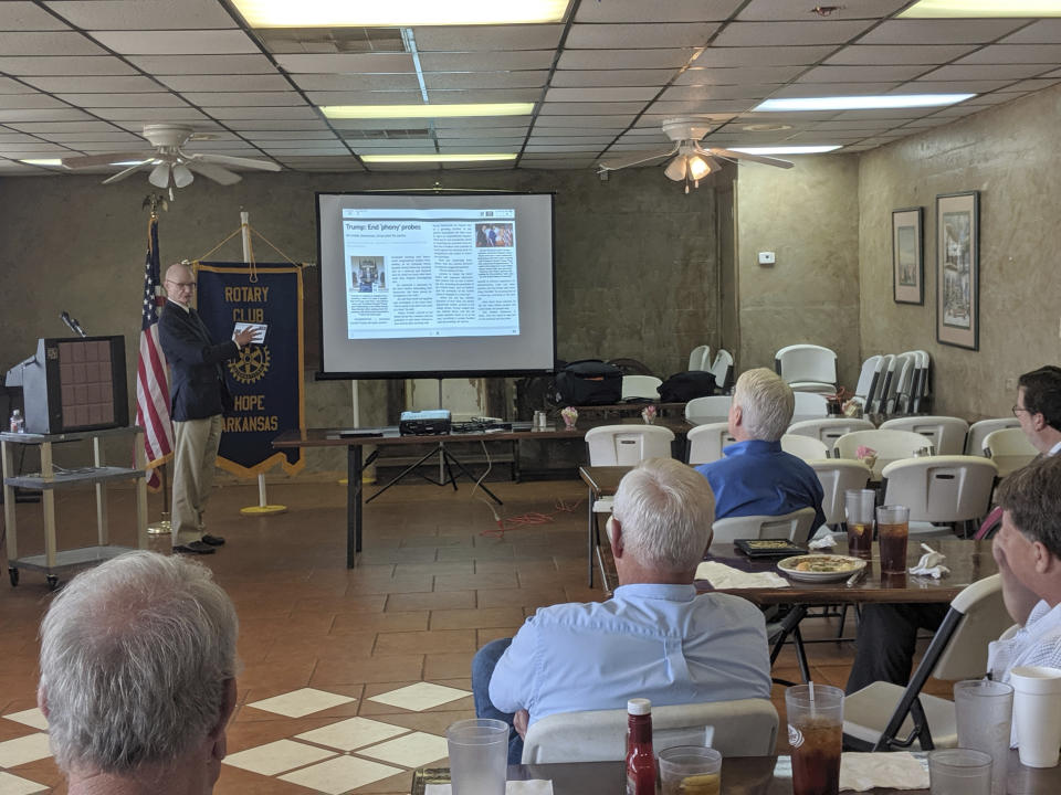 In this Thursday, May 23, 2019 file photo, Walter Hussman Jr., publisher of the statewide newspaper the Arkansas Democrat-Gazette, explains to members of the Hope, Arkansas Rotary Club how to access and use the paper's digital replica on an iPad in Hope, Ark. Walter Hussman Jr. a major University of North Carolina donor said Wednesday, June 2, 2021 that he sent emails to university officials questioning the hiring of Nikole Hannah-Jones after he became concerned about how much research went into the selection of the investigative journalist, whose award-winning work on slavery he called “highly contentious and highly controversial." (AP Photo/Hannah Grabenstein)