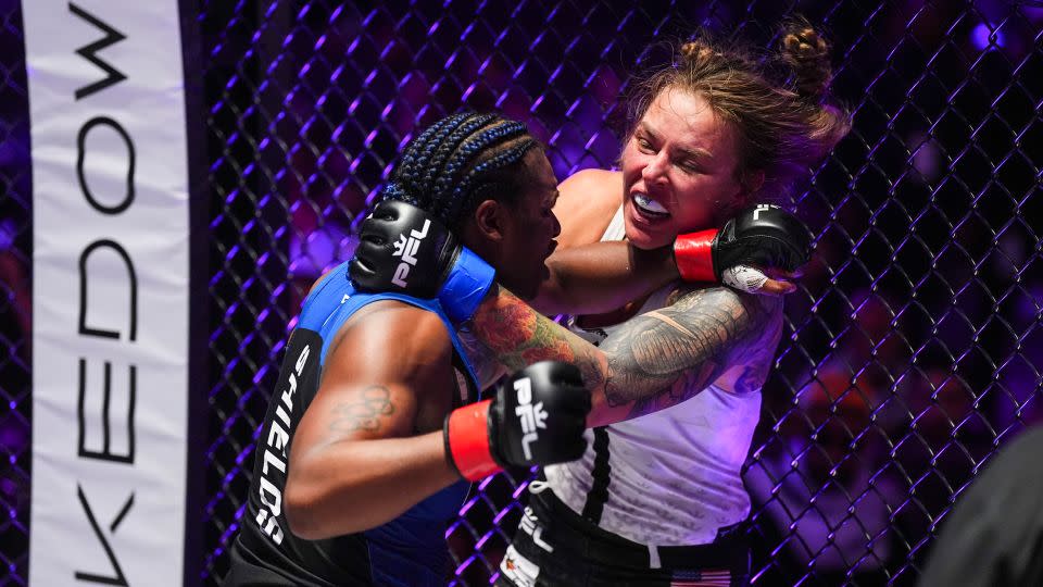 Shields throws a punch towards DeSantis during the fight. - Cooper Neill/Getty Images