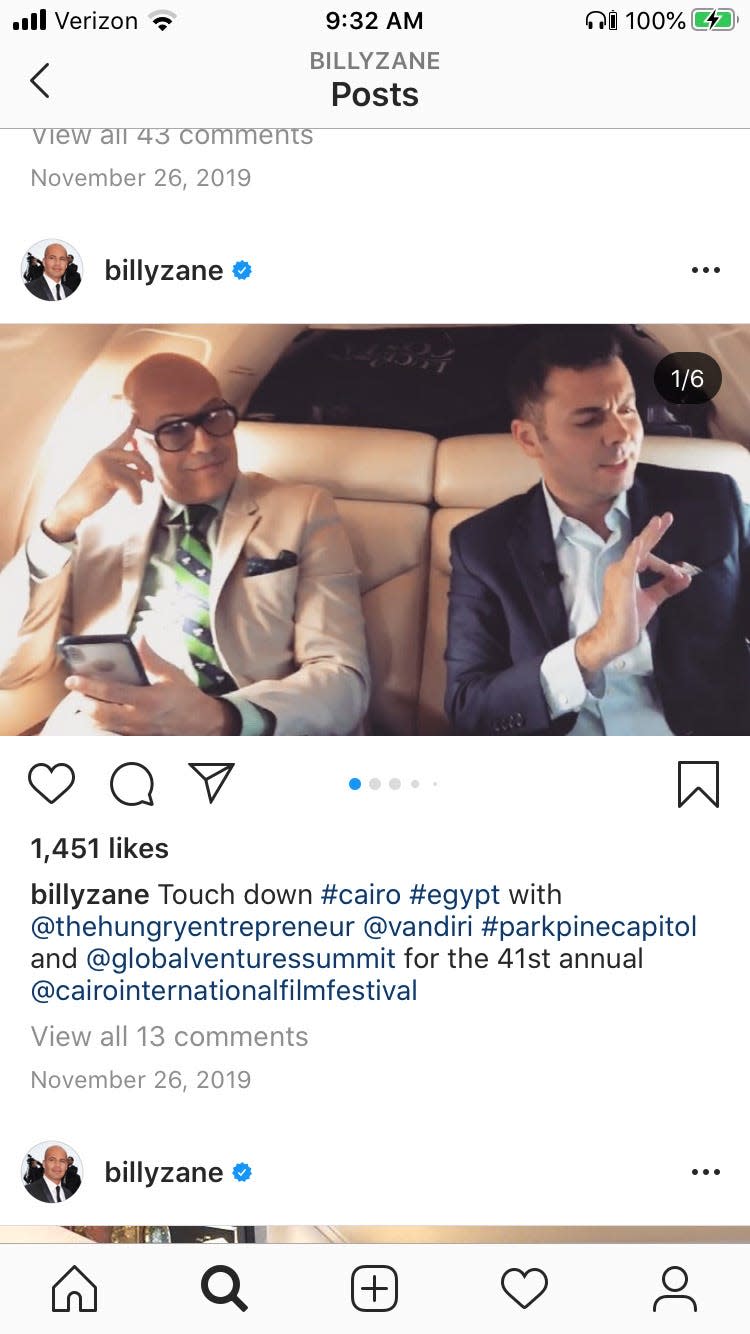 In this now-deleted Instagram screenshot, Billy Zane posted photos with Ahmed Shabana when he traveled to Greece and Egypt last year to promote the business and accept an award at the the Cairo International Film Festival.