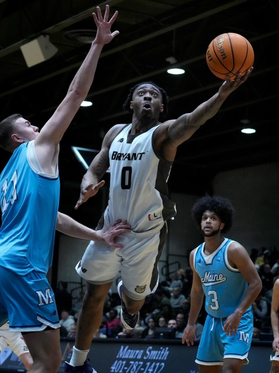 Earl Timberlake, shown in action against Maine on Thursday, led Bryant with 22 points in Saturday's loss to UMass Lowell.