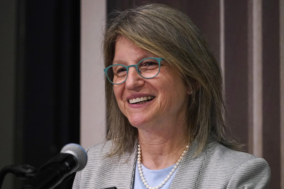 Sally Kornbluth smiles while addressing a group at a community gathering, Thursday, Oct. 20, 2022, in Cambridge, Mass. Kornbluth, a cell biologist who has spent the past eight years as provost at Duke University, was named president of the Massachusetts Institute of Technology on Thursday. (AP Photo/Charles Krupa)