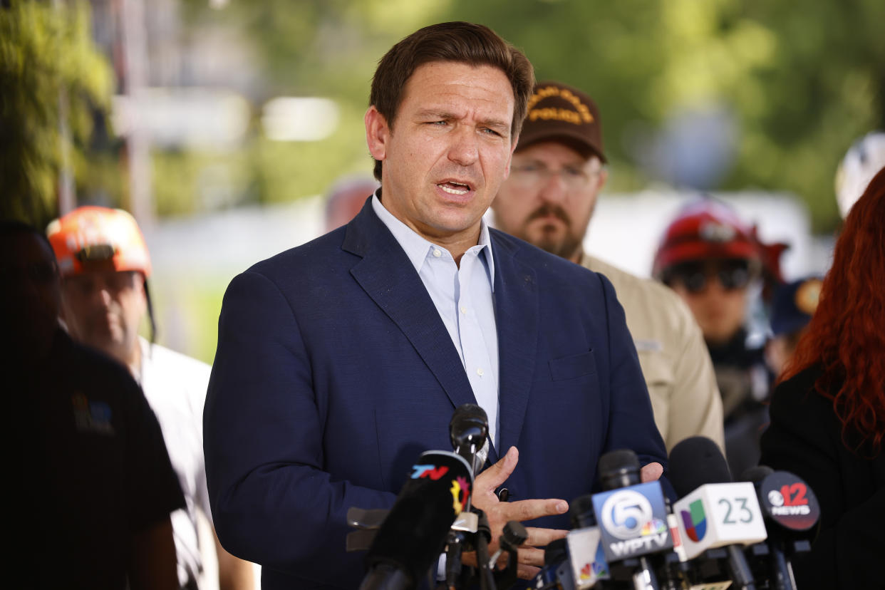 Florida Gov. Ron DeSantis speaks to the media about the 12-story Champlain Towers South condo building that partially collapsed on July 03, 2021 in Surfside, Florida. (Michael Reaves/Getty Images)