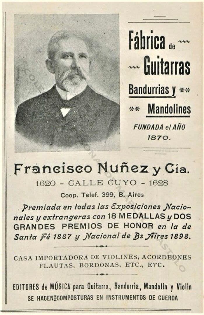 Afiche de 1901 que promocionaba la fábrica de guitarras de Francisco Núñez