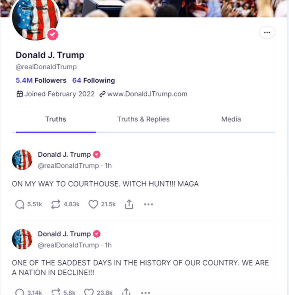 Former President Donald Trump’s Truth Social posts while en route to the Miami federal courthouse on June 13, 2023.