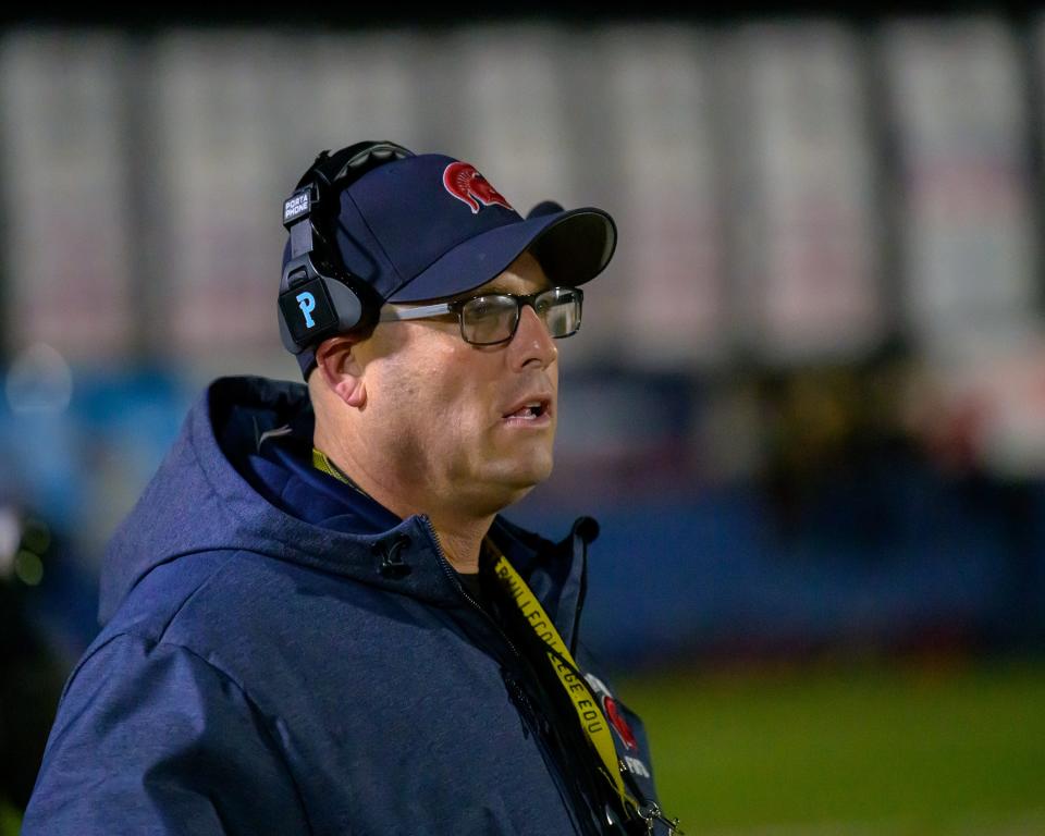 Strathmore Spartans' Head Coach Jeromy Blackwell encourages his team against the Lincoln Mustangs in a 2023 CIF State North Division 7-A Football Championship Regional Bowl Game Saturday, December 2 at Spartan Stadium in Strathmore.