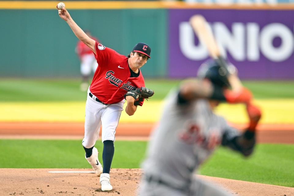 Starting pitcher Cal Quantrill (47) of the Cleveland Guardians pitches to Javier Baez (28) of the Detroit Tigers during the first inning at Progressive Field on August 17, 2022 in Cleveland, Ohio.