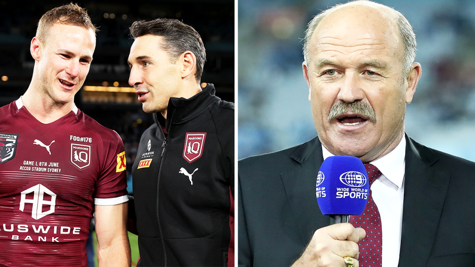 Daly Chery-Evans embraces Billy Slater and Wally Lewis during commentary.