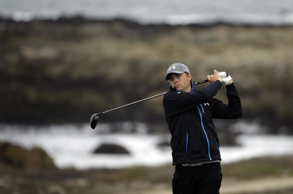 Jordan Spieth hits off the 13th tee Friday, Feb. 7, 2014, during the second round of the AT&T Pebble Beach Pro-Am golf tournament on the Monterey Peninsula Country Club Shore Course in Pebble Beach, Calif. (AP Photo/Ben Margot)