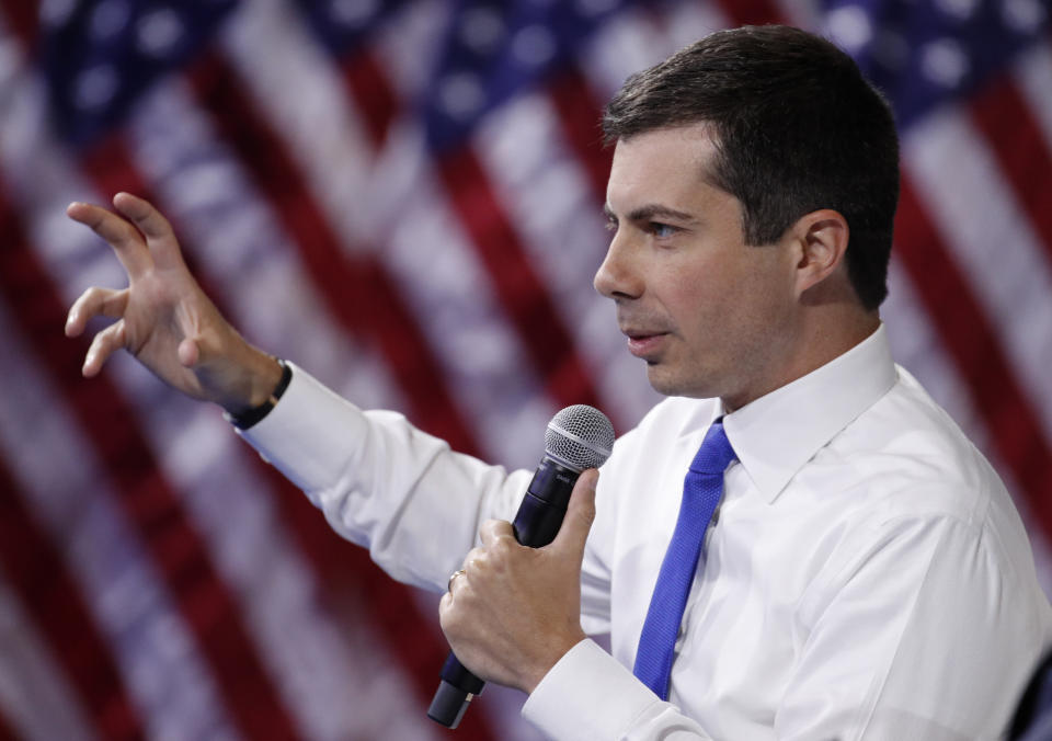 Democratic presidential candidate South Bend Mayor Pete Buttigieg speaks during a gun safety forum Wednesday, Oct. 2, 2019, in Las Vegas. (AP Photo/John Locher)