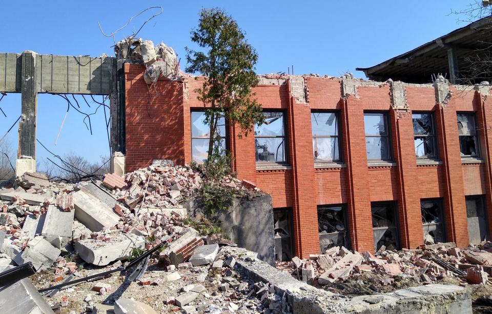 The former Seiberling Rubber Co. office building has been reduced to rubble in Barberton.