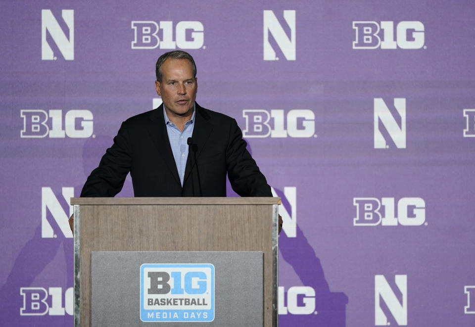 Northwestern men's head coach Chris Collins speaks during Big Ten NCAA college basketball Media Days Tuesday, Oct. 11, 2022, in Minneapolis. (AP Photo/Abbie Parr)