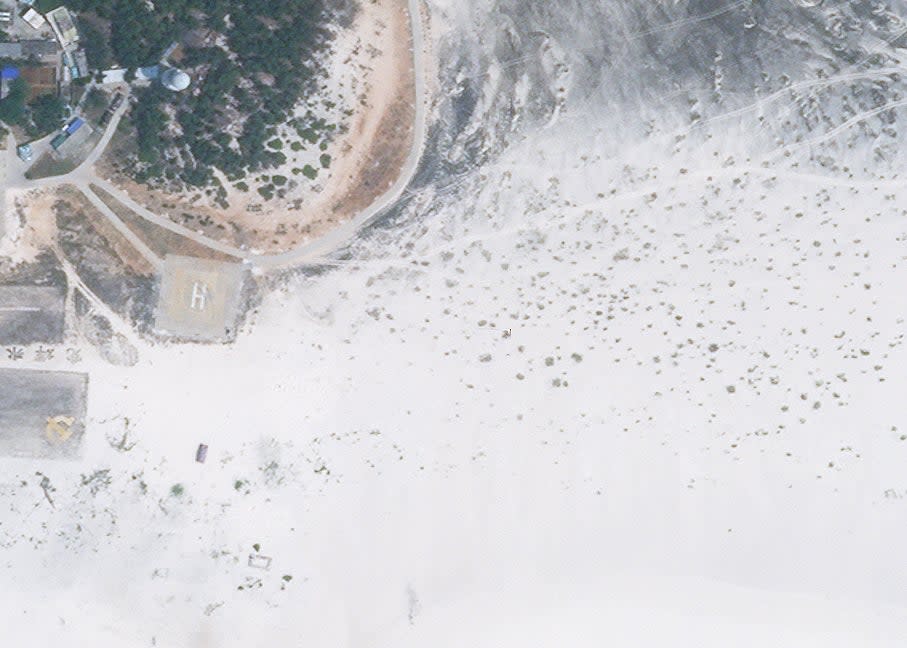 Another view of infrastructure on Triton Island, including an existing helipad, on March 30, 2023. Here there is no sign of the airstrip that has since appeared. <em>PHOTO © 2023 PLANET LABS INC. ALL RIGHTS RESERVED. REPRINTED BY PERMISSION</em>