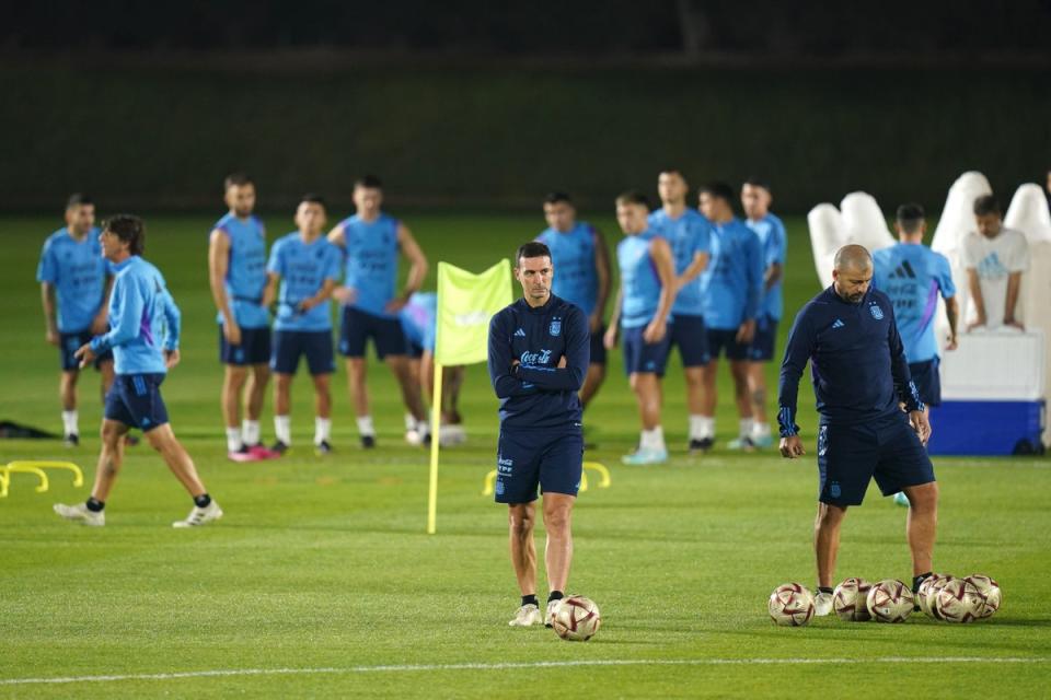 Argentina manager Lionel Scaloni put some of his squad through a training session at Qatar University on Thursday (Adam Davy/PA) (PA Wire)