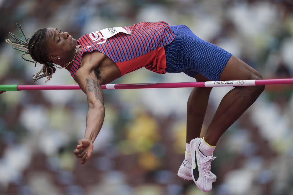 Juvaughn Harrison, of United States, competes in the preliminary round of the men's high jump at the 2020 Summer Olympics, Friday, July 30, 2021, in Tokyo. (AP Photo/Matthias Schrader)