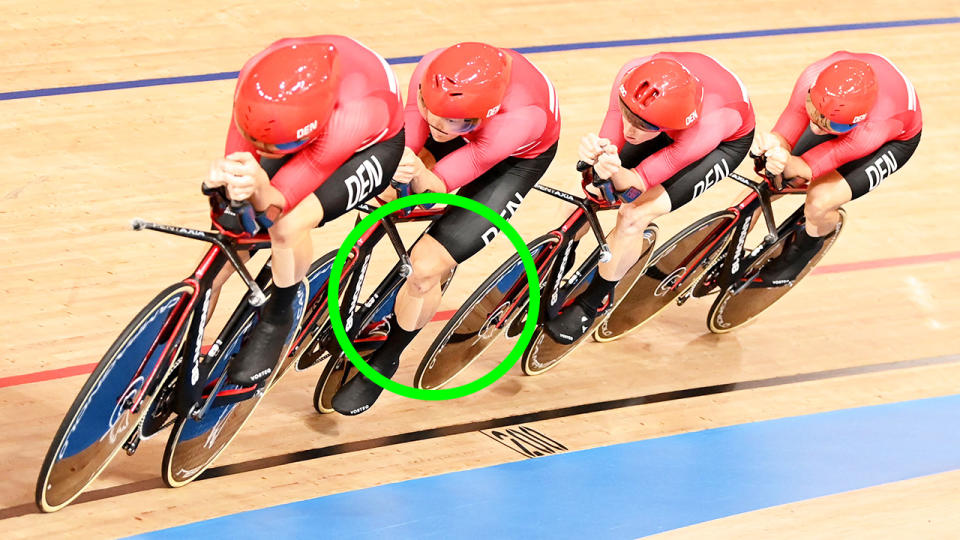 Denmark's men's team pursuit team courted controversy at the Tokyo Olympics after all wearing leg tape which rivals suggested gave them an aerodynamic advantage. (Photo by PETER PARKS/AFP via Getty Images)