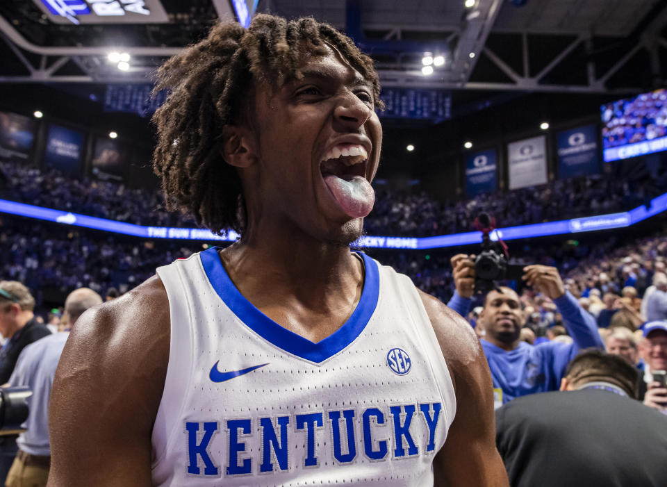 Tyrese Maxey #3 of the Kentucky Wildcats celebrates after defeating the Auburn Tigers at Rupp Arena on February 29, 2020 in Lexington, Kentucky.