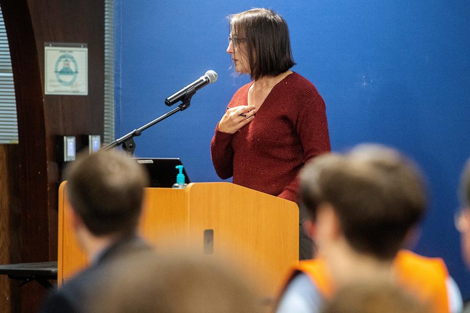 Allison Scott, Director of Impact and Innovation with Campaign for Southern Equality and a parent of an Asheville City middle schooler, speaks during public comment on SB49, October 9, 2023.