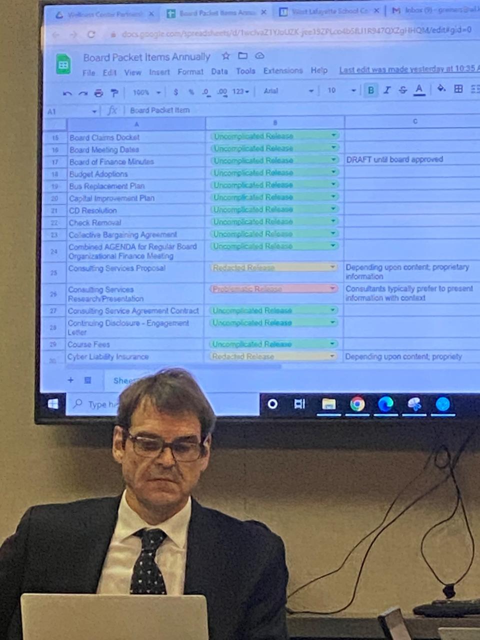 Patrick Greiner, WLCSC superintendent, sits in front of the projected list of color-coded documents that correlate to their public-release-likelihood. Feb. 1, 2023