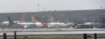 MUMBAI, INDIA - JUNE 3: Airplane parked at chhatrapati shivaji maharaj international airport as No landing scheduled from 2.30pm to 7pm due to Cyclone alert on June 3, 2020 in Mumbai, India. Alibaug witnessed wind speeds of up to 120 kilometres per hour. Although the cyclone made the landfall just 95 kilometres from Mumbai, the Maharashtra capital largely escaped its wrath. (Photo by Satyabrata Tripathy/Hindustan Times via Getty Images)