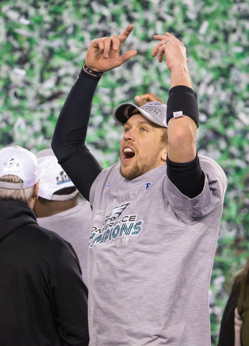 Nick Foles celebrates as the Philadelphia Eagles celebrate winning the NFC Championship at Lincoln Financial Field.