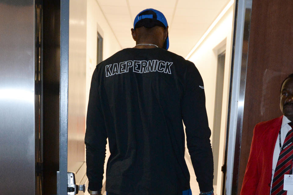 LeBron James wore a Kaepernick shirt ahead of the Lakers’ preseason game against the Sacramento Kings on Thursday night in Los Angeles. (Photo by Andrew D. Bernstein/Getty Images)