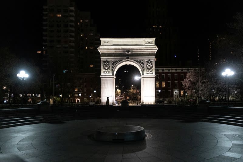 An empty street is seen in Washington Square Park during the outbreak of the coronavirus disease (COVID-19) in Brooklyn