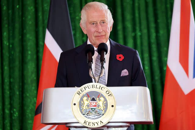 <p>CHRIS JACKSON/POOL/AFP via Getty</p> King Charles delivers a speech during the state banquet in Kenya on Oct. 31.