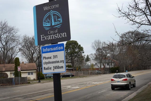 A sign welcomes visitors to Evanston, Ill., the first city in the nation to make reparations available to Black residents due to past discrimination.
