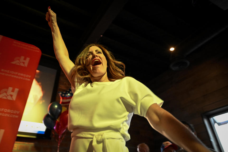 SEDALIA, CO - JUNE 28: Heidi Ganahl celebrates during a watch party celebrating her Republican primary win for gubernatorial candidacy on Tuesday, June 28, 2022. / Credit: Aaron Ontiveroz/MediaNews Group/The Denver Post via Getty Images