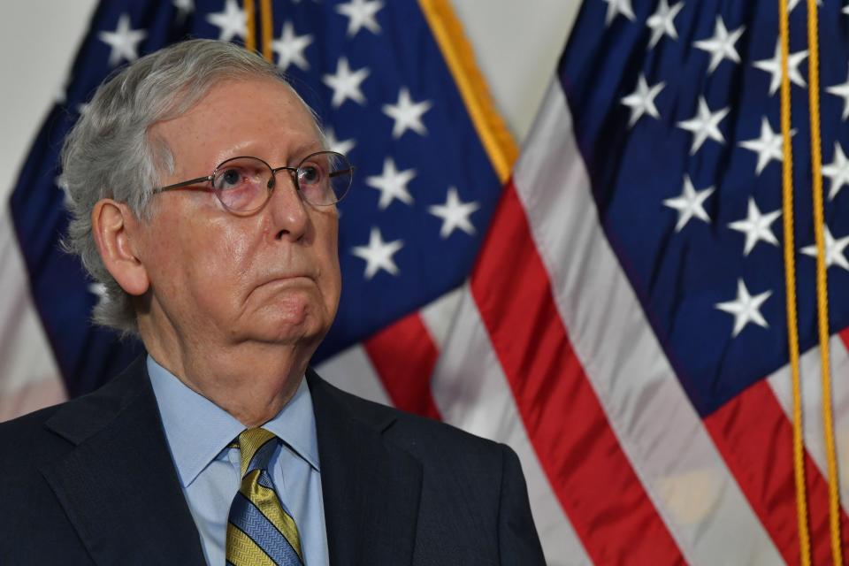 Senate Republicans, led by Majority Leader Mitch McConnell, met behind closed doors Tuesday to discuss the timing of hearings and a confirmation vote for the next Supreme Court nominee. (Photo: NICHOLAS KAMM via Getty Images)