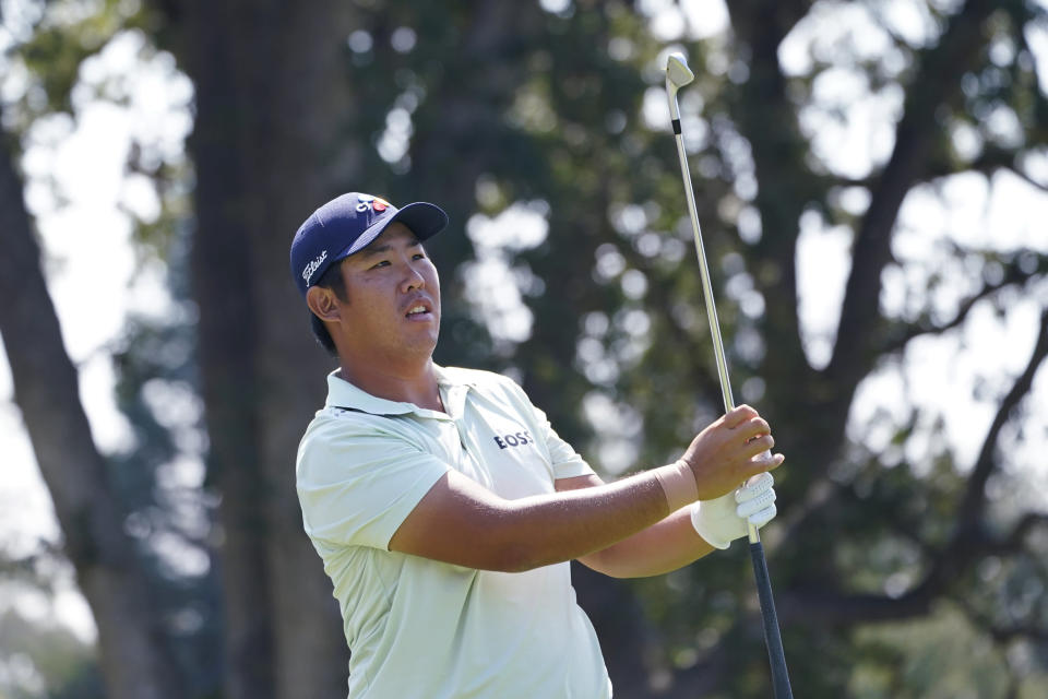 Byeong Hun An, of South Korea, watches his shot from the second tee of the Silverado Resort North Course during the first round of the Fortinet Championship PGA golf tournament in Napa, Calif., Thursday, Sept. 15, 2022. (AP Photo/Eric Risberg)