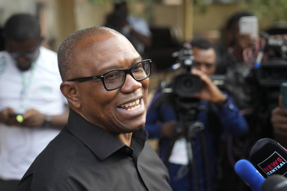 Nigeria's Labour party candidate Peter Obi speaks to journalists before casting his vote during the presidential elections in Agulu, Nigeria, Saturday, Feb. 25, 2023. Voters in Africa's most populous nation are heading to the polls Saturday to choose a new president, following the second and final term of incumbent Muhammadu Buhari. (AP Photo/Mosa'ab Elshamy)