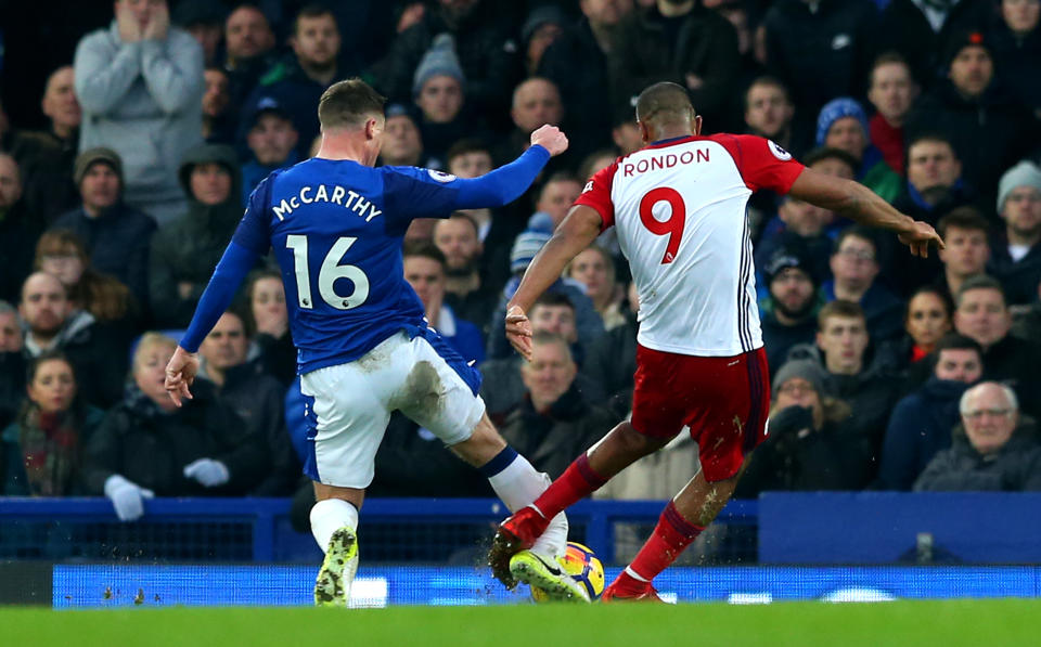 James McCarthy’s leg break, at the moment of impact. (Getty)