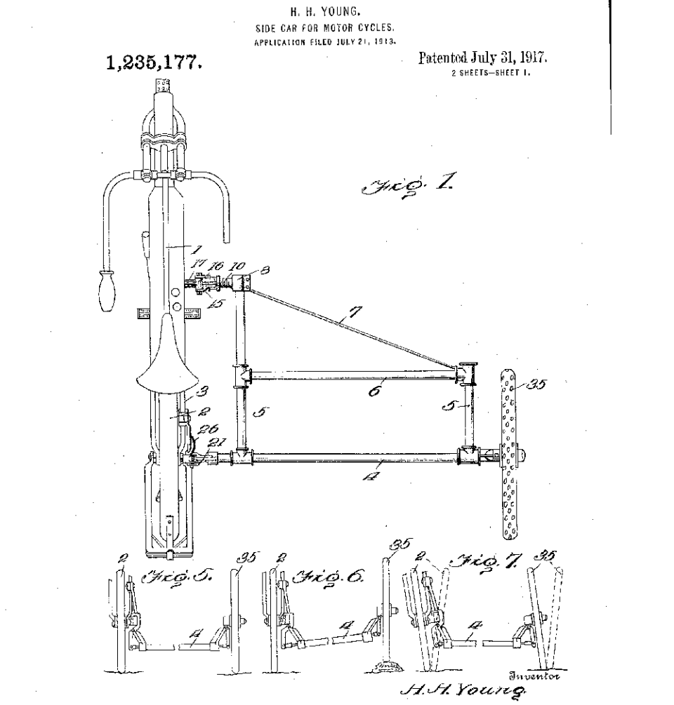 One of two patents that Young received for his innovative sidecar design. This one details how the tilting sidecar wheel operates under different conditions.