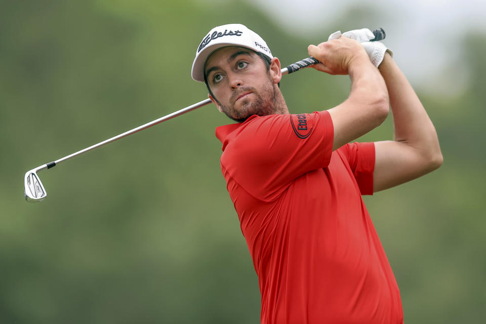 Davis Riley tees off on the second hole during the third round of the Valspar Championship golf tournament Saturday, March 18, 2023, at Innisbrook in Palm Harbor, Fla. (AP Photo/Mike Carlson)