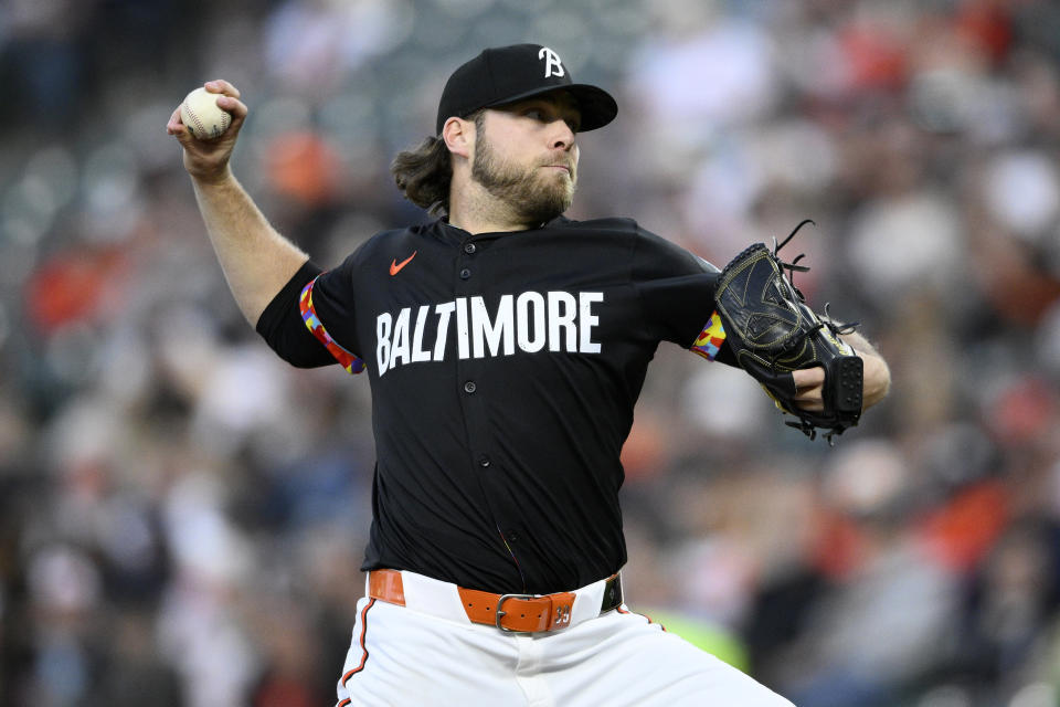 Baltimore Orioles starting pitcher Corbin Burnes throws during the second inning of a baseball game against the Oakland Athletics, Friday, April 26, 2024, in Baltimore. (AP Photo/Nick Wass)