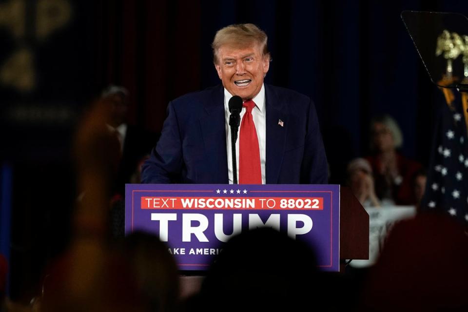 Republican presidential candidate Donald Trump speaks at a campaign rally in Waukesha, Wisconsin, on 1 May 2024 (AP)