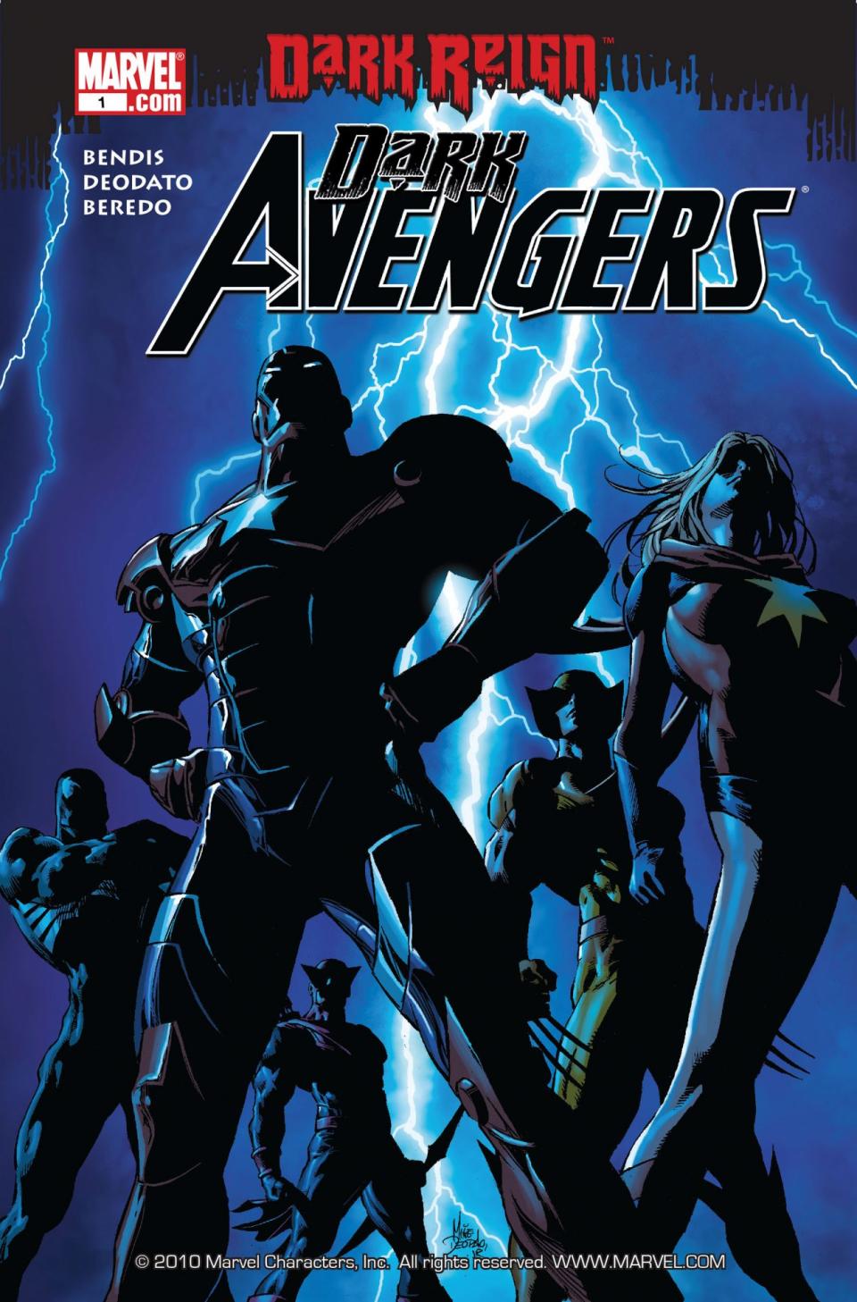 The cover for Dark Avengers shows a number of heroes in shadow in front of a lightening bolt