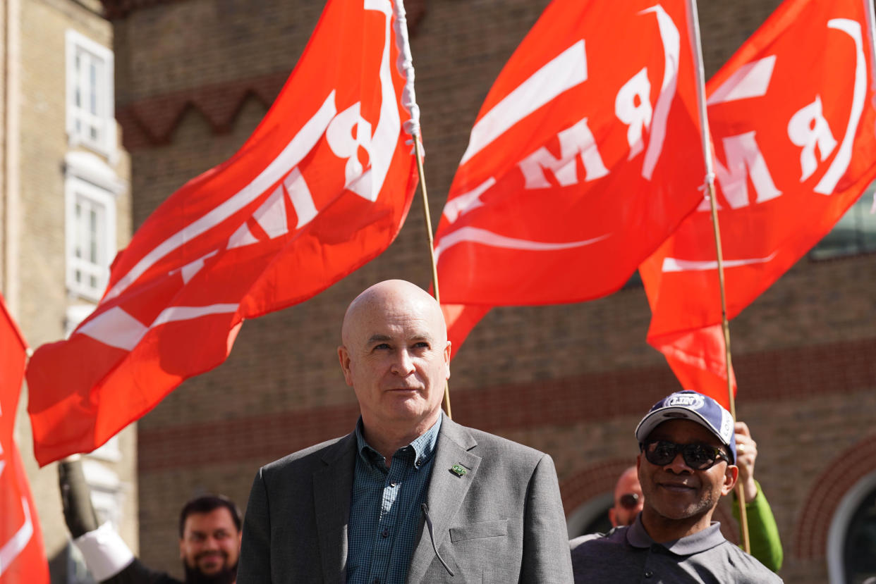 RMT general secretary Mick Lynch on a picket line outside King's Cross St Pancras station in London