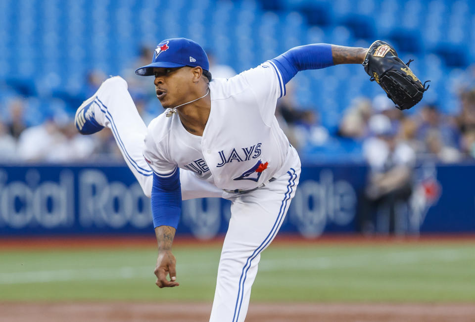 TORONTO, ONTARIO - JULY 24: Marcus Stroman #6 of the Toronto Blue Jays pitches against the Cleveland Indians in the third inning during their MLB game at the Rogers Centre on July 24, 2019 in Toronto, Canada. (Photo by Mark Blinch/Getty Images)