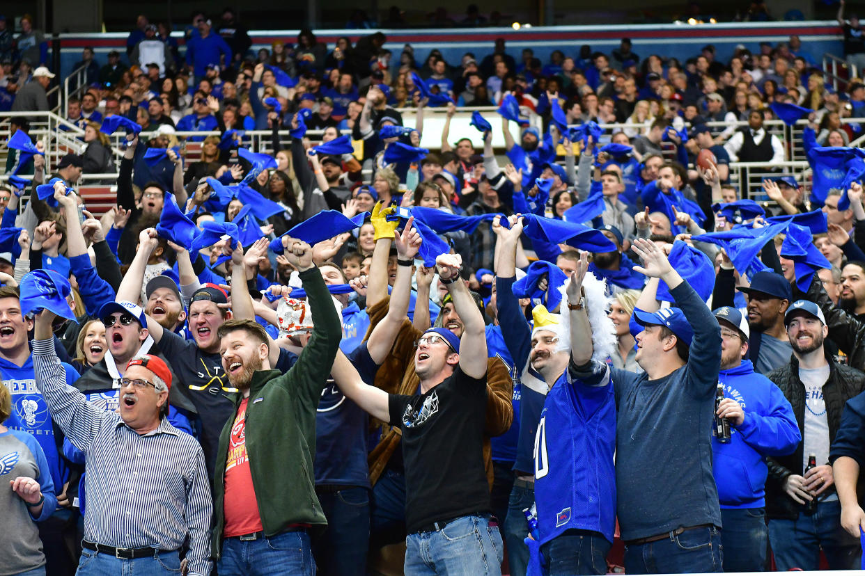 The large crowd celebrates during an XFL game between the Seattle Dragons and the St. Louis BattleHawks, on February 29, 2020, at The Dome at America's Center, St. Louis, MO. Photo by Keith Gillett/Icon Sportswire via Getty Images)