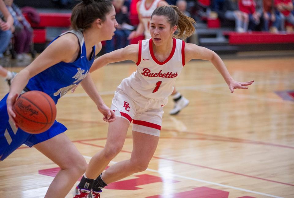 Wynford's Averi McMillan drives past Buckeye Central's Emily Siesel.