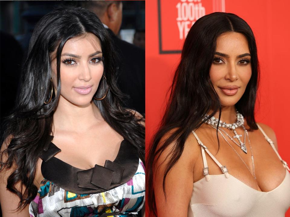 Kim Kardashian on a red carpet in 2008 and 2023.