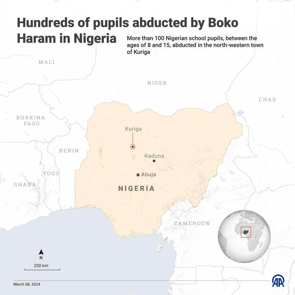 A map and infographic shows the location of the town of Kuriga, in northern Nigeria's Kaduna state, where more than 280 schoolchildren were said to have been abducted on March 7, 2024. / Credit: Omar Zaghloul/Anadolu via Getty Images