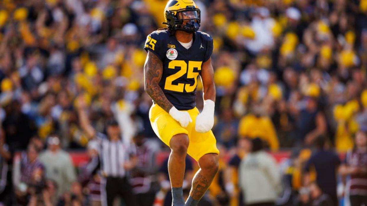 <div>PASADENA, CALIFORNIA - JANUARY 01: Linebacker Junior Colson #25 of the Michigan Wolverines celebrates after a play during the CFP Semifinal Rose Bowl Game against the Alabama Crimson Tide at Rose Bowl Stadium on January 1, 2024 in Pasadena, California. (Photo by Ryan Kang/Getty Images)</div>